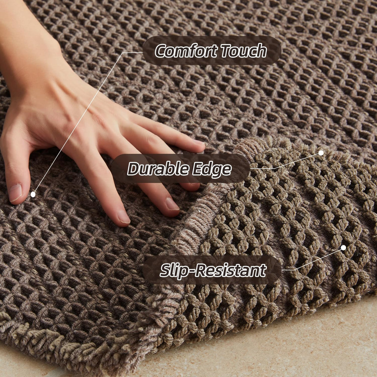 Sunfly Boho Herringbone Waffle Bath Mat, Ultra Soft Non-Slip Bathroom Rug - Super Absorbent & Quick Dry, Washable Bath Rug for Bathroom 16"x24" Taupe