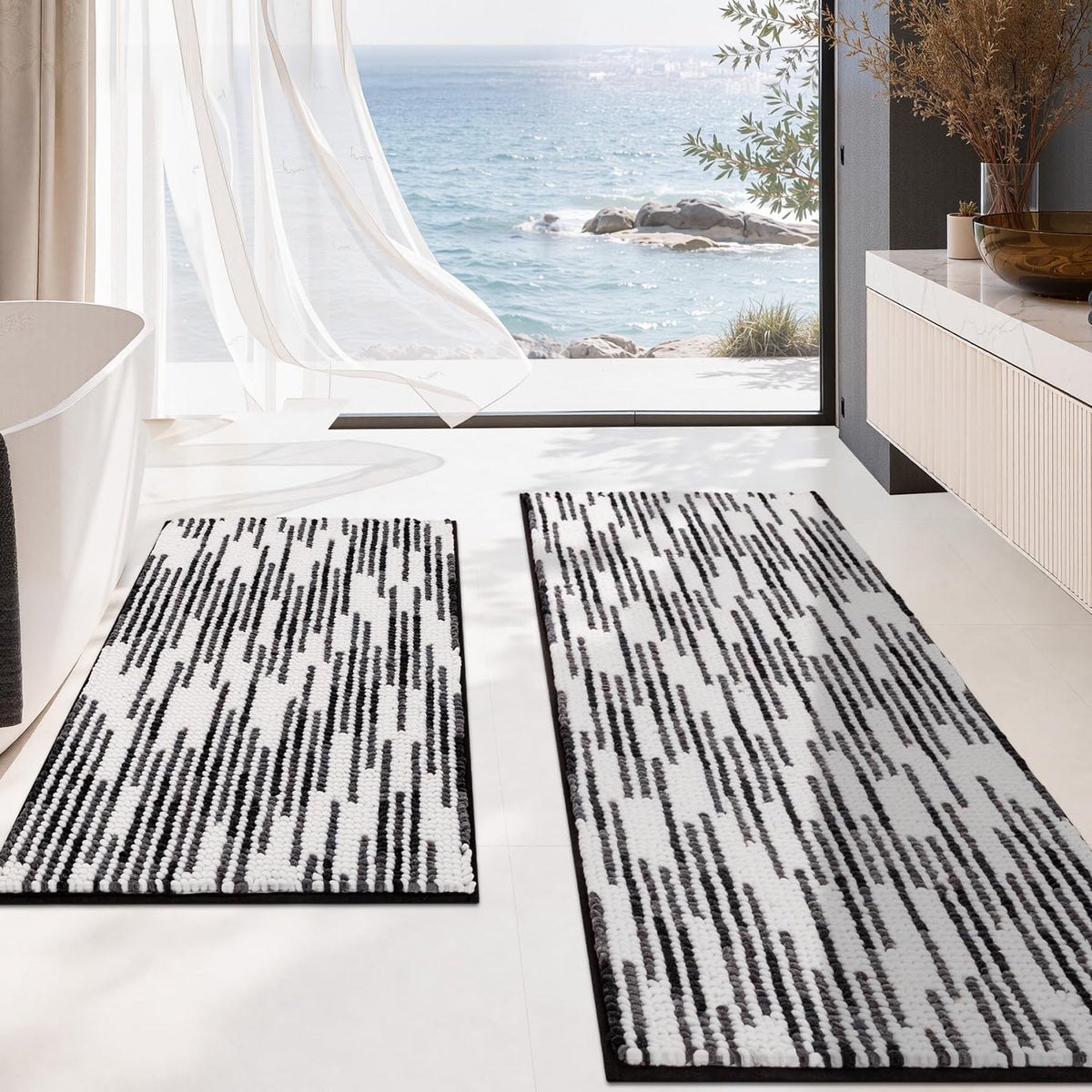 BSICPRO Large Chenille Bathroom Rugs Runner, 20x47 Striped Bath Mats, Beige