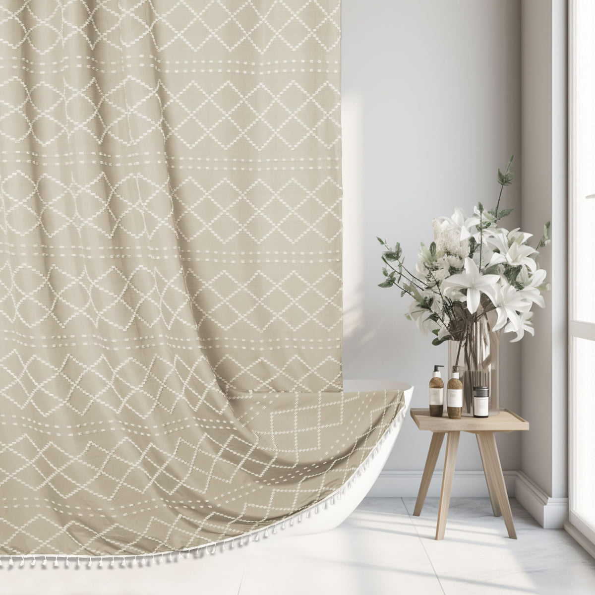 White Boho Shower Curtain Fabric Shower Curtains with Tassel 72 x 72 Modern Textured Shower Curtain Farmhouse Minimalist, Tufted Chevron Striped Shabby Chic, Water Resistant Cloth Curtain for Bathroom