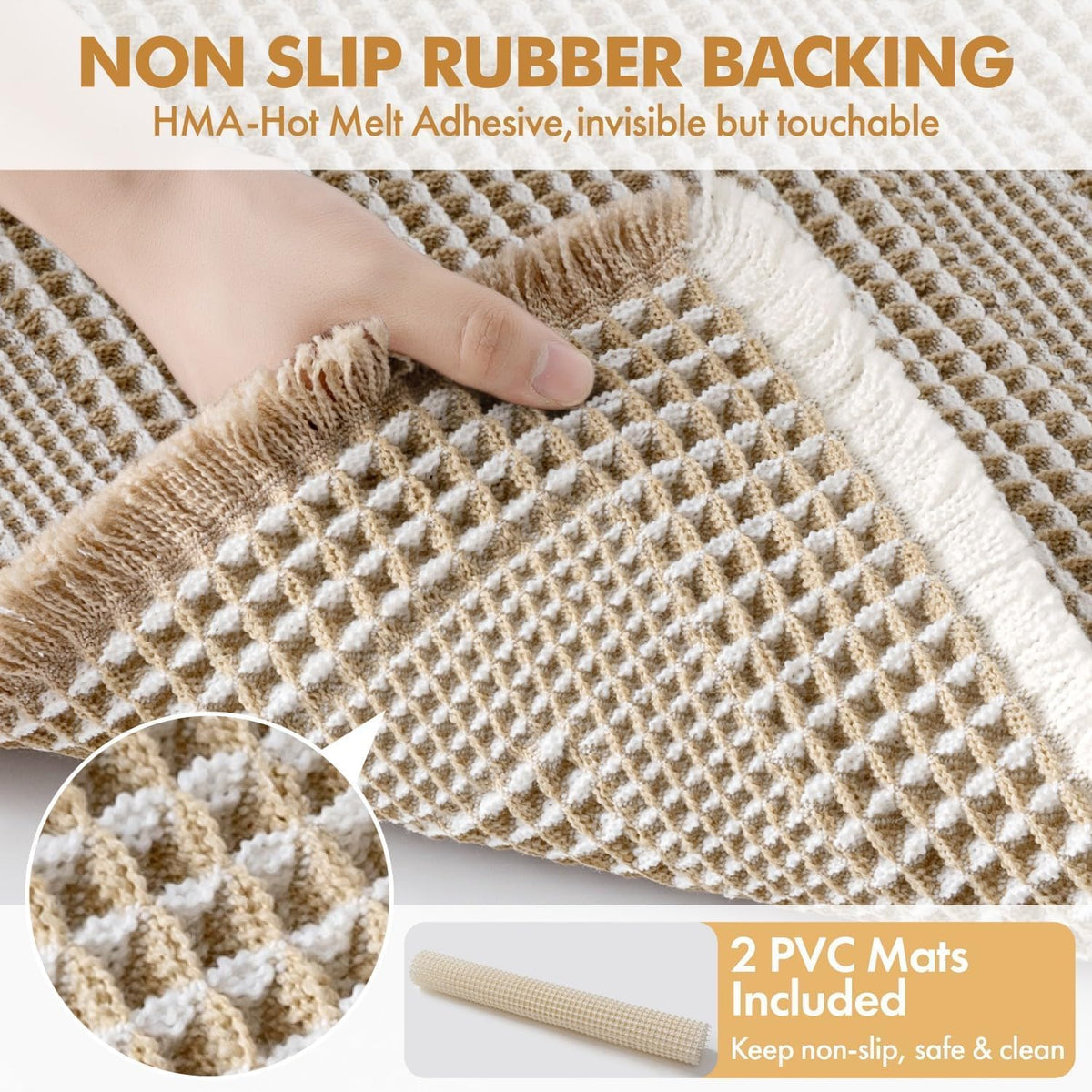 MIULEE Set of 2 Waffle Bathroom Rugs Brown&Cream Boho Bath Mat 17x24+18x30