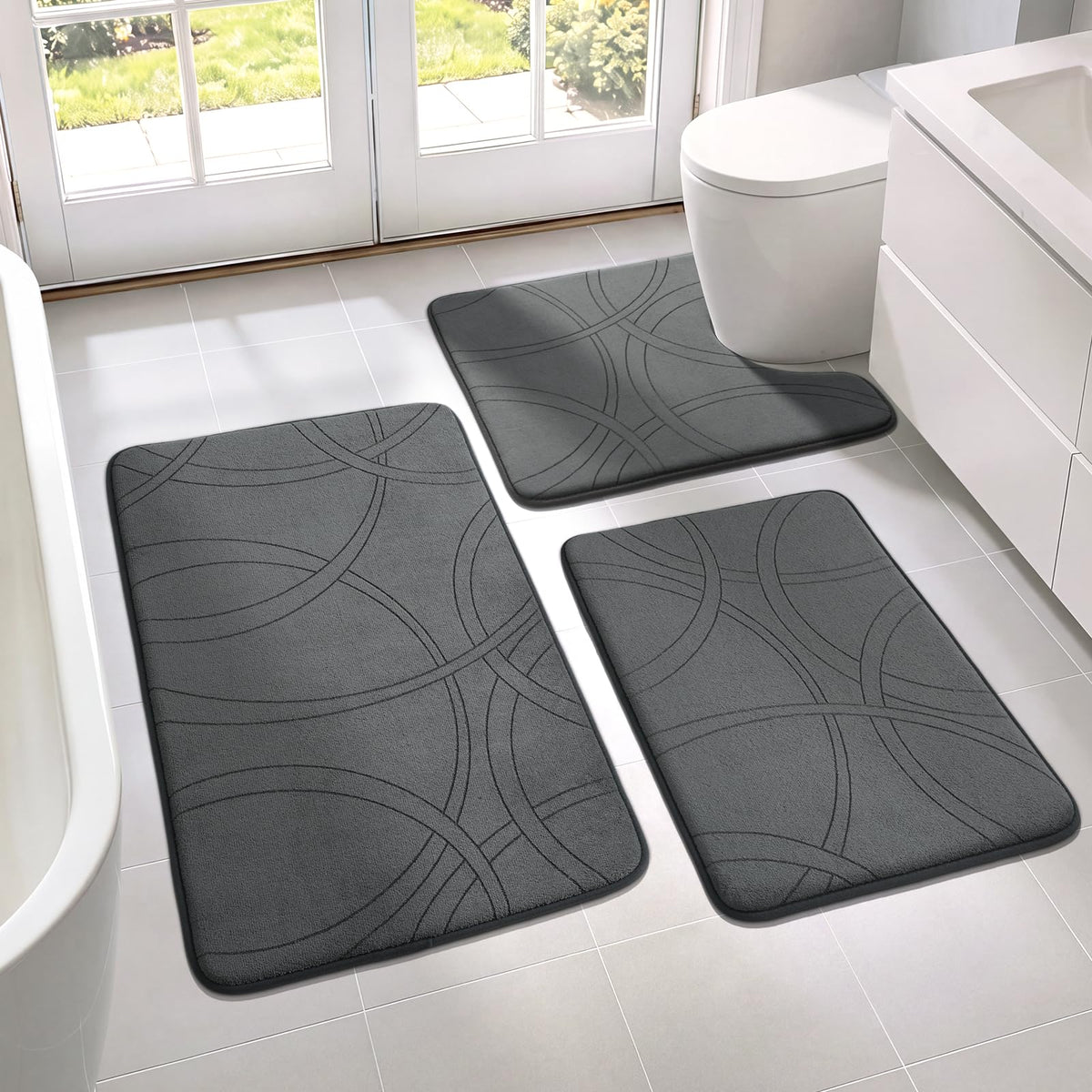 YIHOUSE 3 Piece Bathroom Rug Set - Soft Memory Foam Bath Mat, Dark Grey