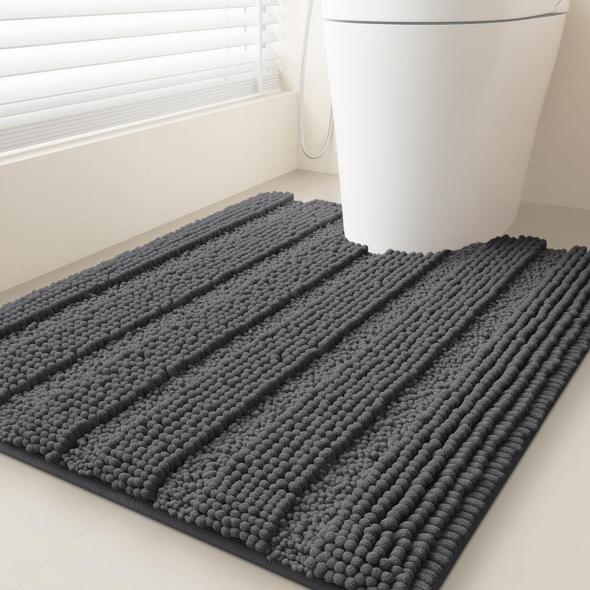 ACCUMTEK Christmas Striped Pink Bathroom Rug Set 3 Pieces Ultra Soft, Non Slip Chenille Toilet Mat, Absorbent Plush Shaggy Bath Mats for Bathroom, Bedroom, Kitchen