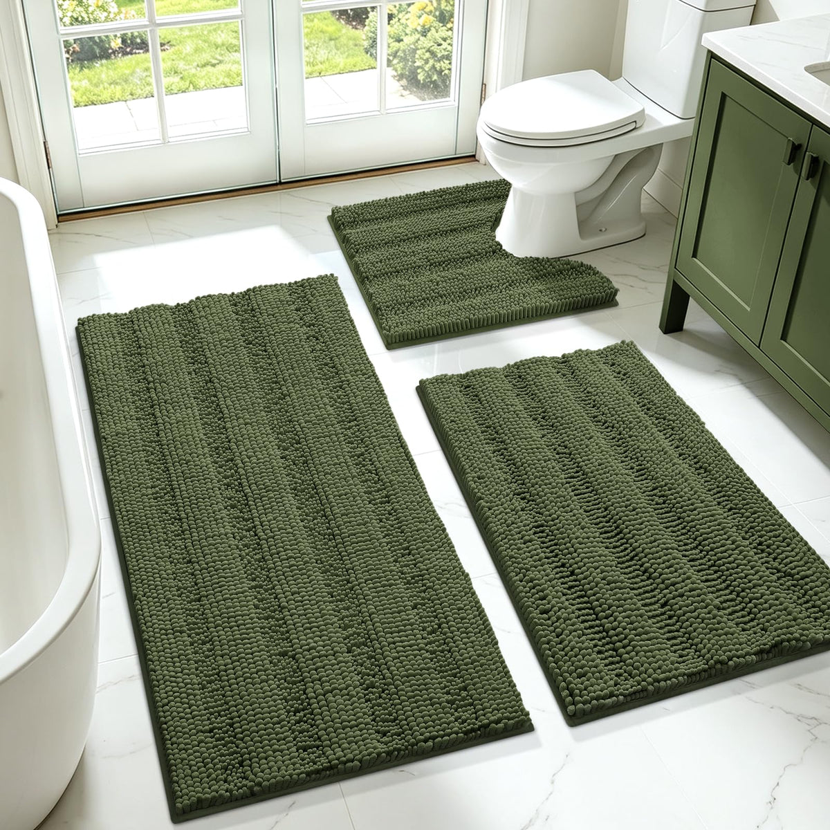 ACCUMTEK Christmas Striped Pink Bathroom Rug Set 3 Pieces Ultra Soft, Non Slip Chenille Toilet Mat, Absorbent Plush Shaggy Bath Mats for Bathroom, Bedroom, Kitchen