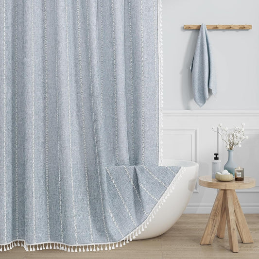 Boho Farmhouse Tassel Linen Shower Curtain,3D Embroidery Stripe Blue,72x72