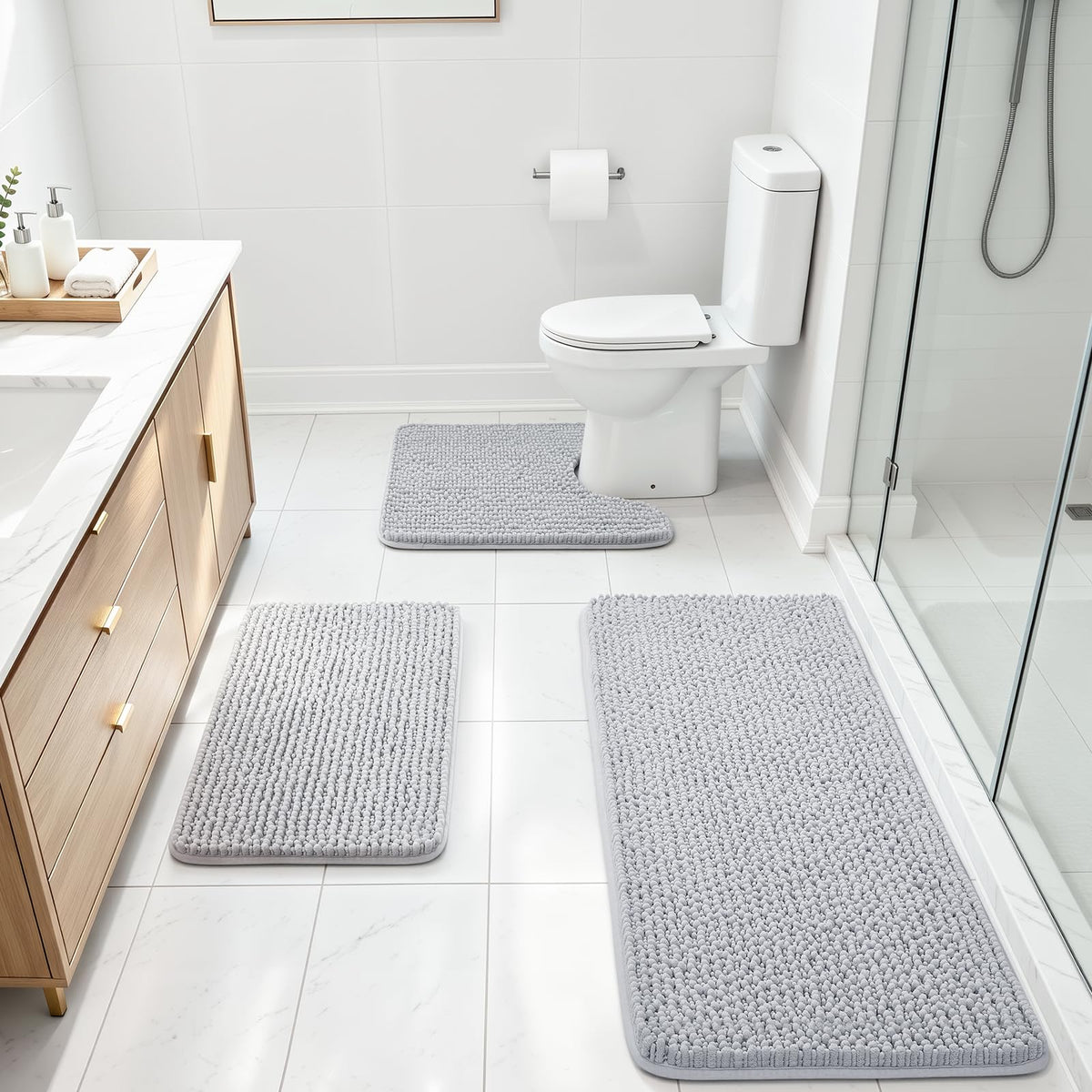 Ophanie Grey Bathroom Rugs 30x20, Soft Chenille Bath Mat, Non Slip Absorbent Quick Dry Light Gray Mats, Machine Washable Thick Small Area Rug Sets,Grip Bathmat for Shower,Toilet,Sink and Indoor Floor