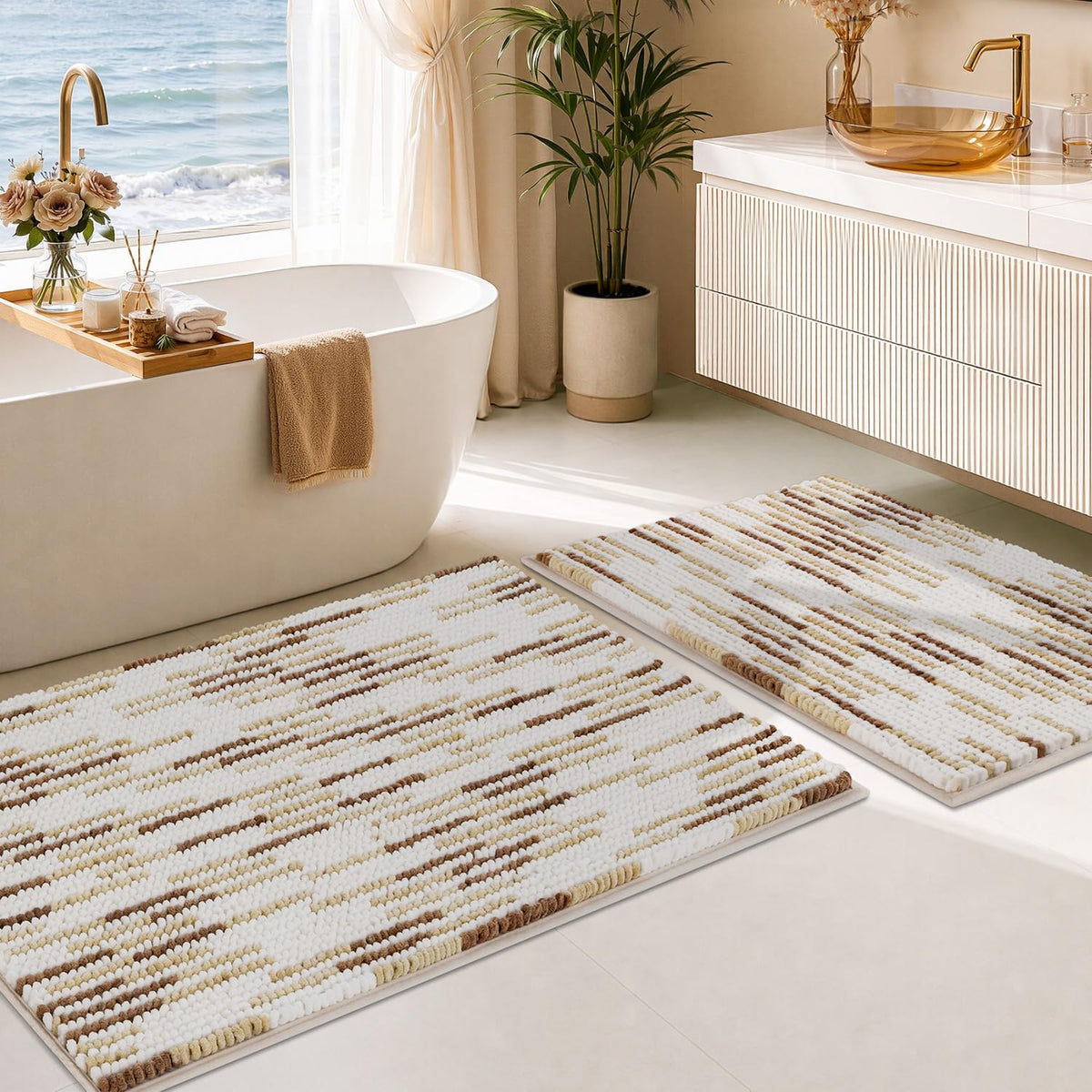 BSICPRO Large Chenille Bathroom Rugs Runner, 20x47 Striped Bath Mats, Beige