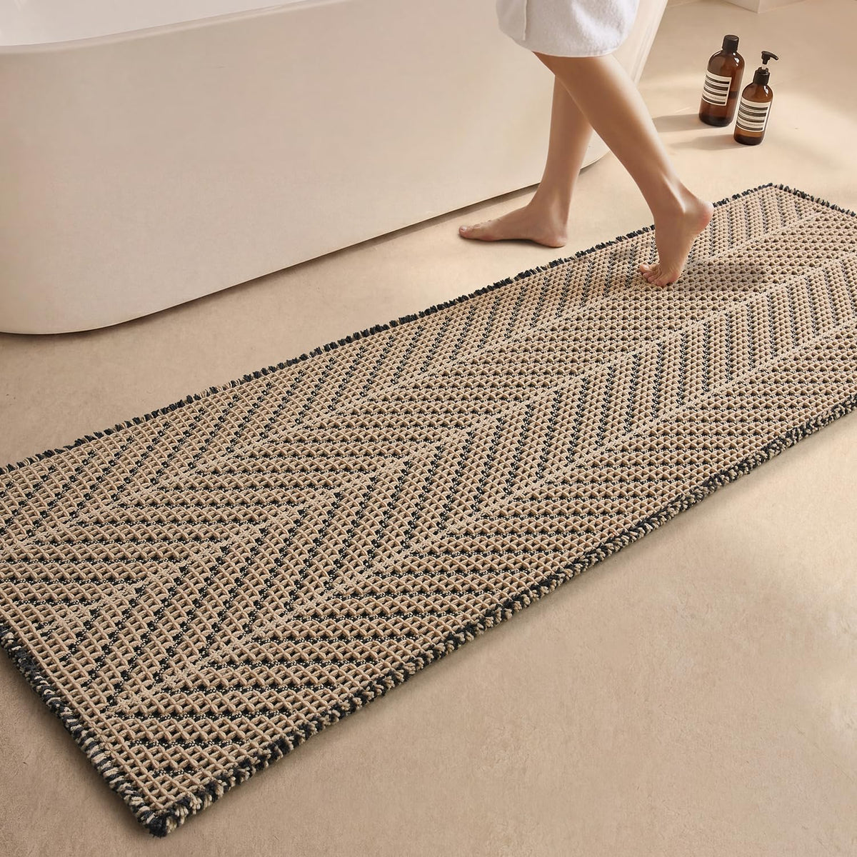 Sunfly Boho Herringbone Waffle Bath Mat, Ultra Soft Non-Slip Bathroom Rug - Super Absorbent & Quick Dry, Washable Bath Rug for Bathroom 16"x24" Taupe