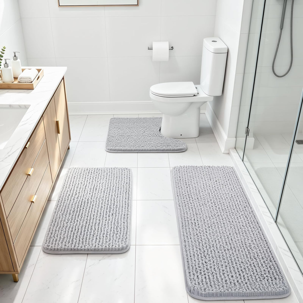 Ophanie Grey Bathroom Rugs 30x20, Soft Chenille Bath Mat, Non Slip Absorbent Quick Dry Light Gray Mats, Machine Washable Thick Small Area Rug Sets,Grip Bathmat for Shower,Toilet,Sink and Indoor Floor