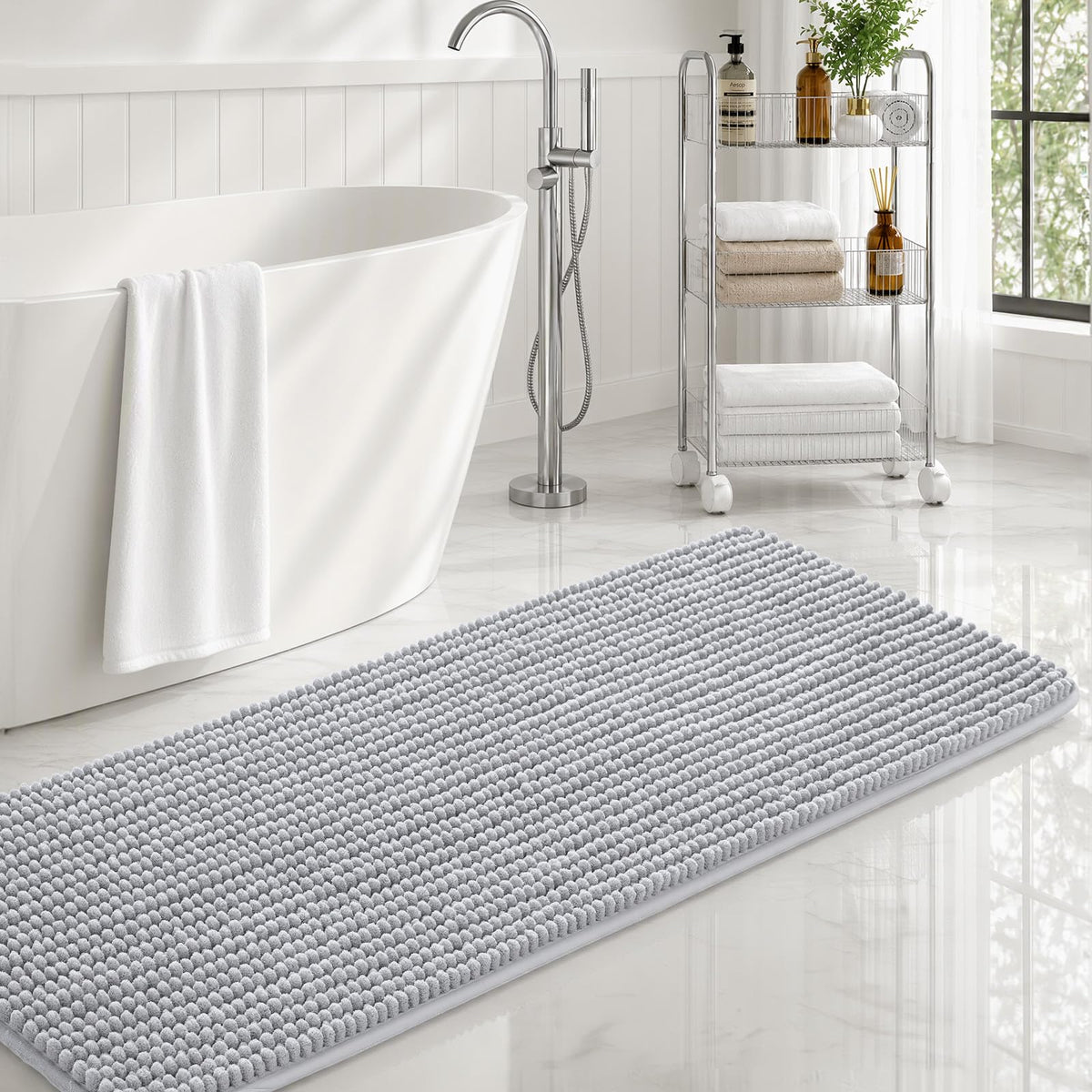 Ophanie Grey Bathroom Rugs 30x20, Soft Chenille Bath Mat, Non Slip Absorbent Quick Dry Light Gray Mats, Machine Washable Thick Small Area Rug Sets,Grip Bathmat for Shower,Toilet,Sink and Indoor Floor