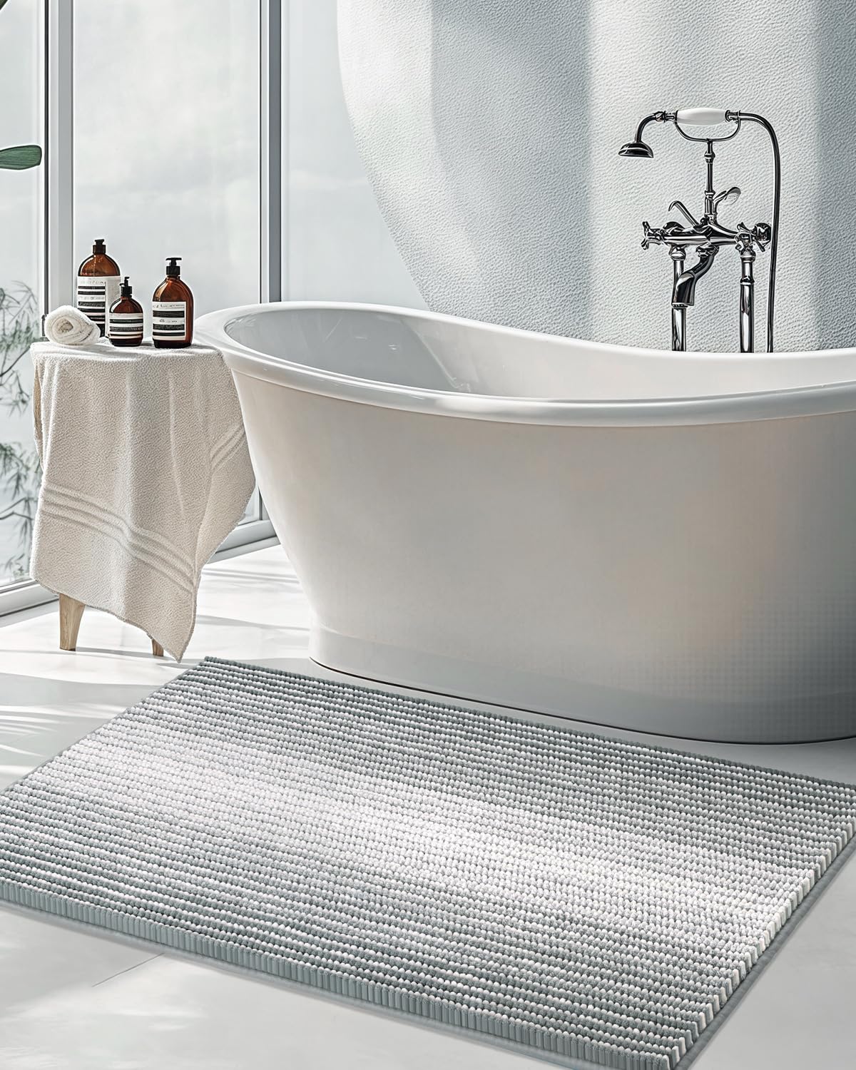BSICPRO Large Chenille Bathroom Rugs Runner, 20x47 Striped Bath Mats, Beige