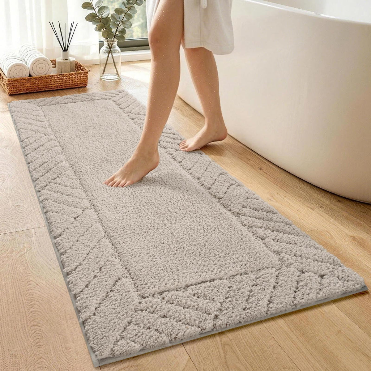 48x17 Long Bathroom Runner Rugs Beige, Non Slip Washable Bath Rugs