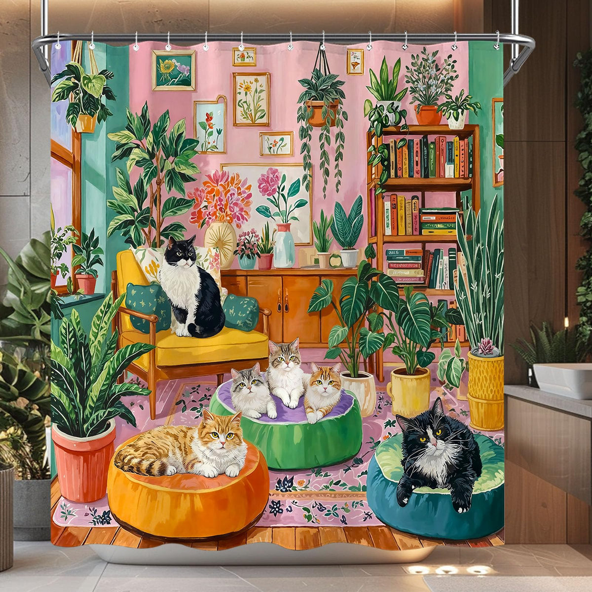 Funny Cat Shower Curtain for Bathroom Green 72x72 Inch