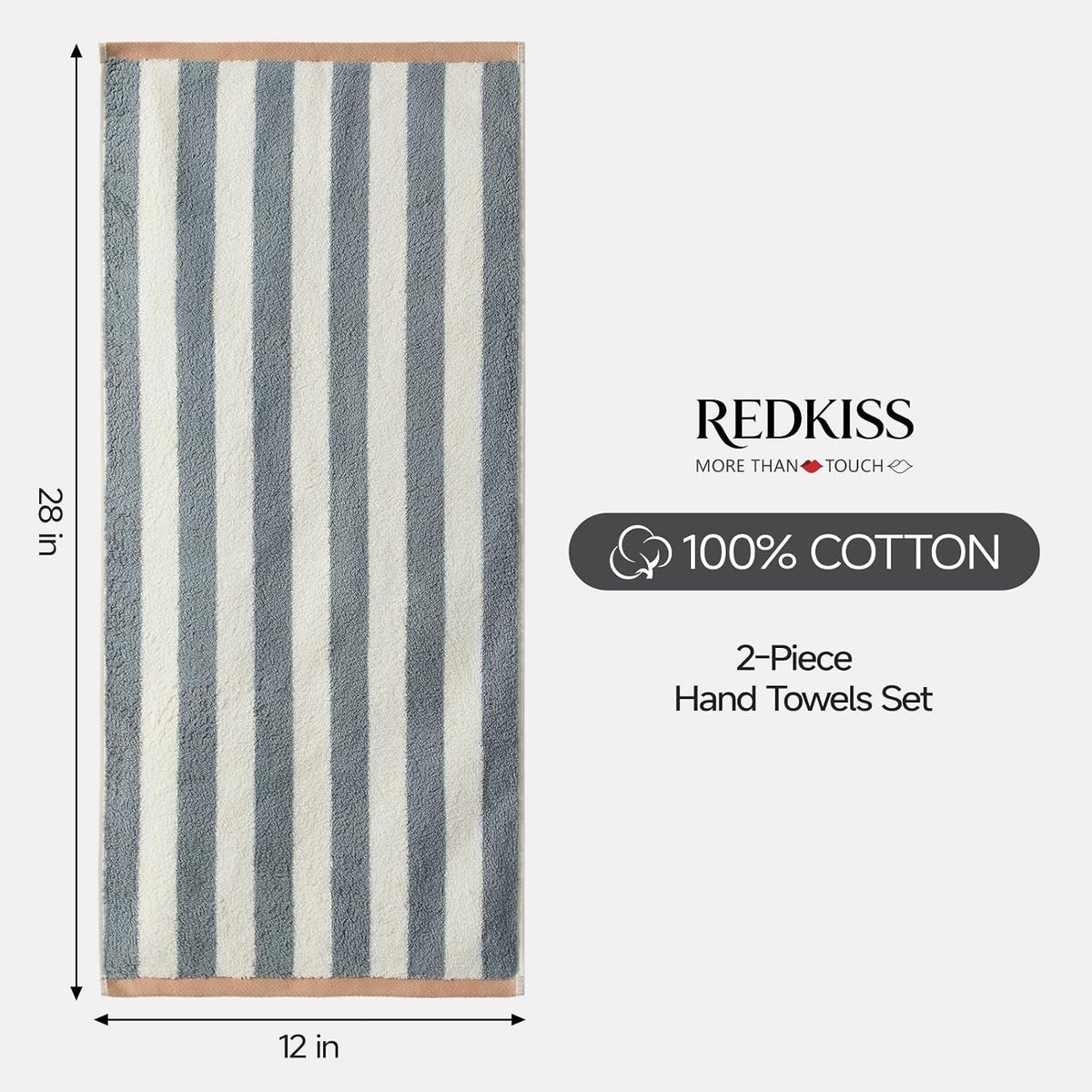 REDKISS Striped Hand Towels for Bathroom, Kitchen Decor, Guest Use, Kids & Adults, 100% Cotton, 12” x 28”, 2 Pack