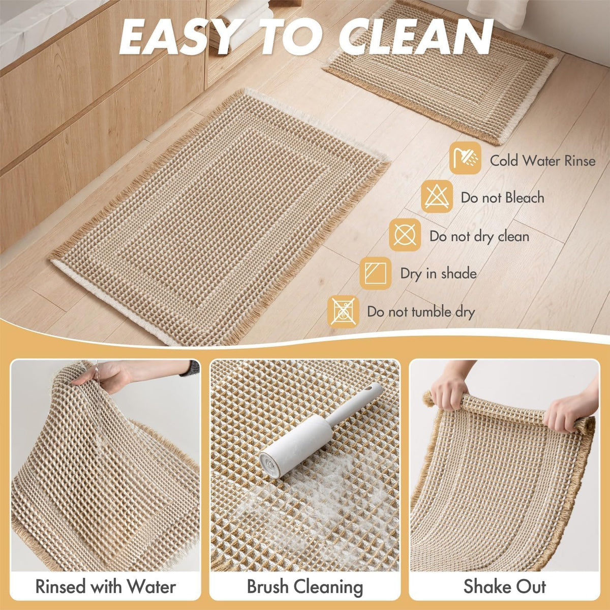 MIULEE Set of 2 Waffle Bathroom Rugs Brown&Cream Boho Bath Mat 17x24+18x30