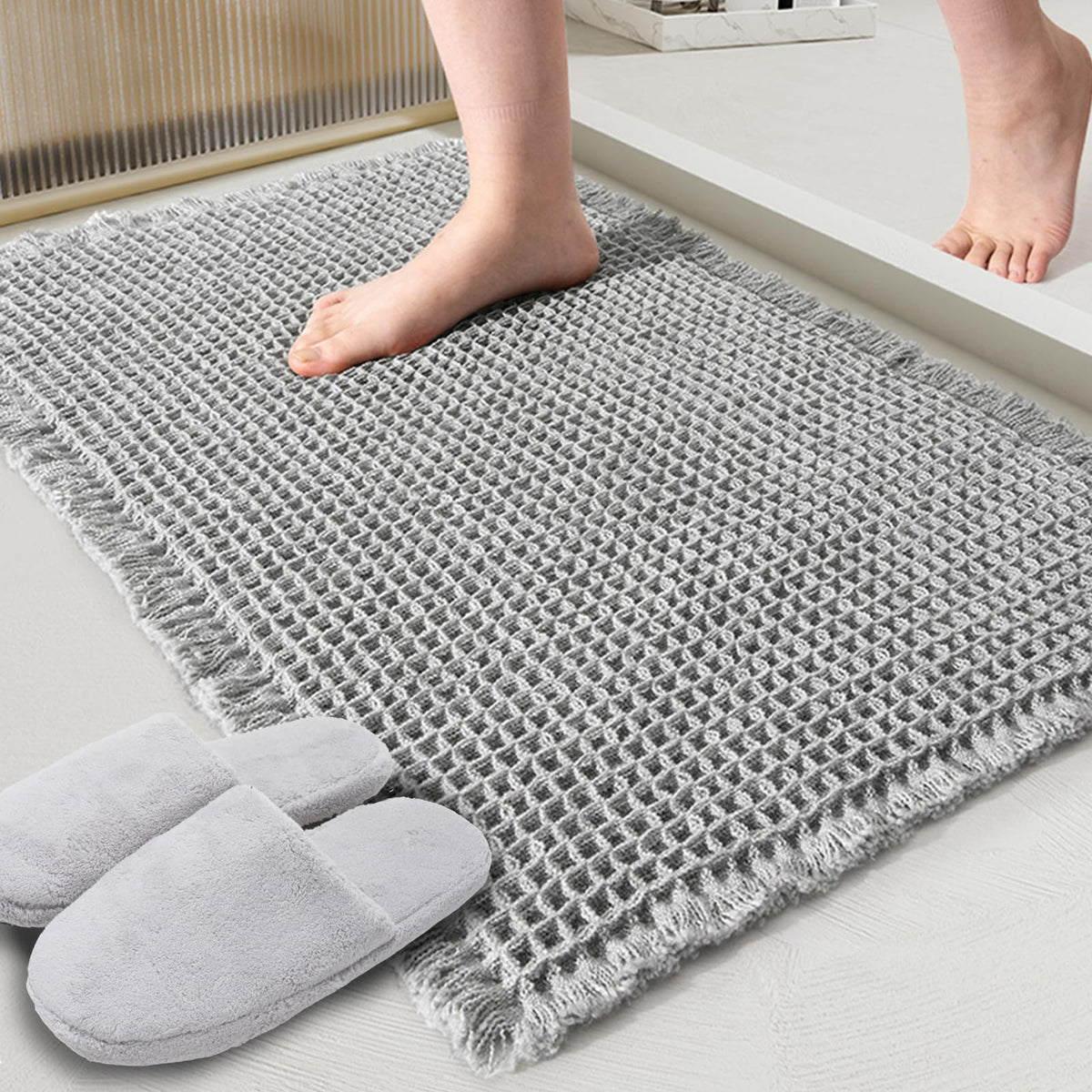 ZALL Waffle Bath Mat,Dark Green Super Absorbent Non Slip Bathroom Rug,17x24inch,Machine Washable Ultra Soft Floor Mats