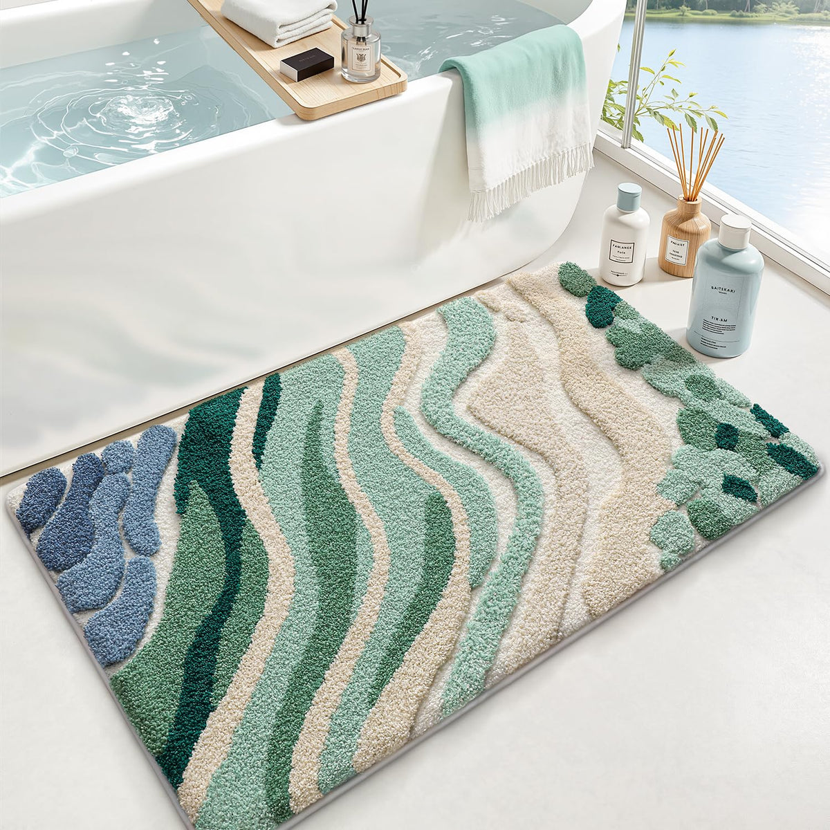 LUMI Square Beach Bathroom Rug 32x32, Soft Absorbent Bath Mat, Non Slip