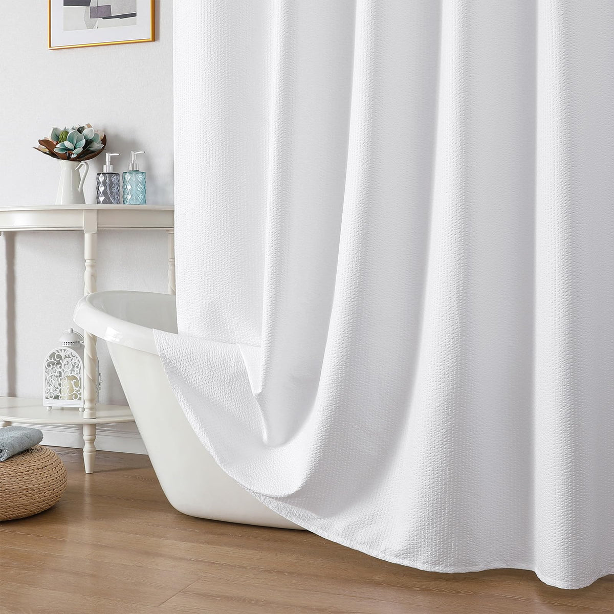 OWENIE Cream Shower Curtain or Bathroom 72x72 Inch, 3D Embossed Textured Waffle Fabric Shower Curtains, Soft Hotel Farmhouse Style, Water Repellent, Machine Washable, Cream, 72" W x 72" L