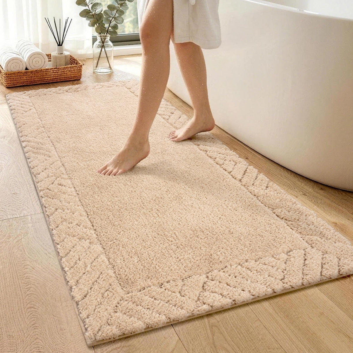 48x17 Long Bathroom Runner Rugs Beige, Non Slip Washable Bath Rugs