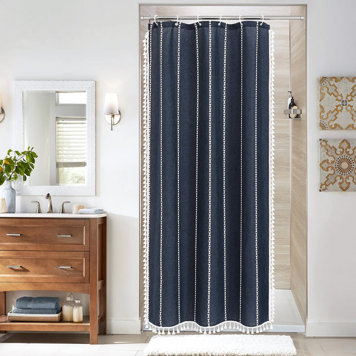 Boho Farmhouse Tassel Linen Shower Curtain,3D Embroidery Stripe Blue,72x72