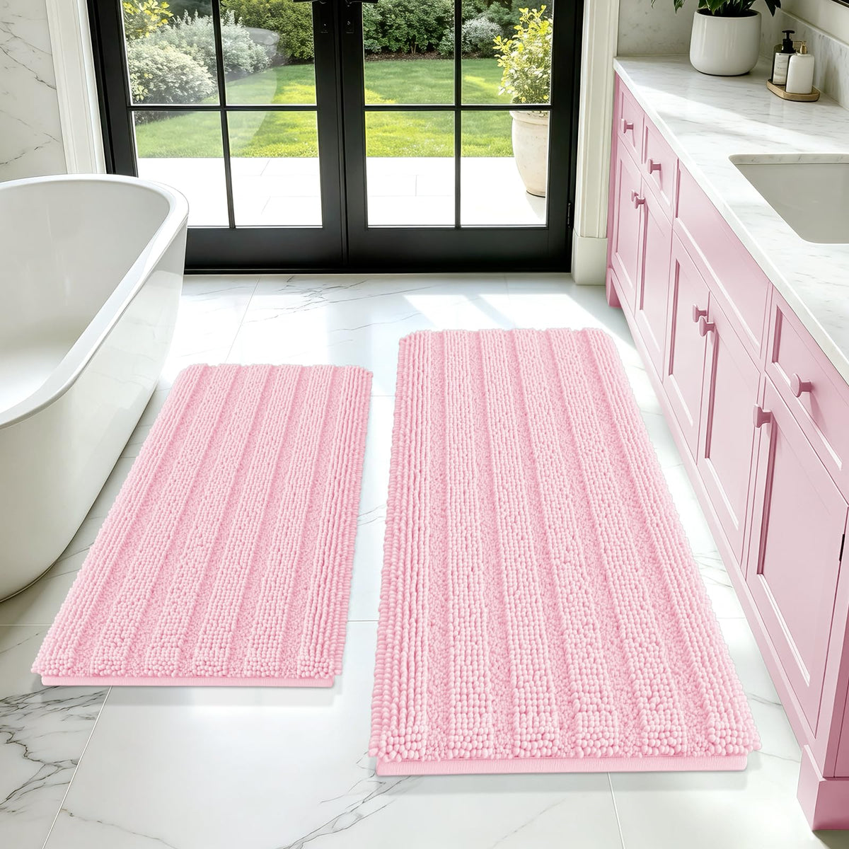 ACCUMTEK Christmas Striped Pink Bathroom Rug Set 3 Pieces Ultra Soft, Non Slip Chenille Toilet Mat, Absorbent Plush Shaggy Bath Mats for Bathroom, Bedroom, Kitchen