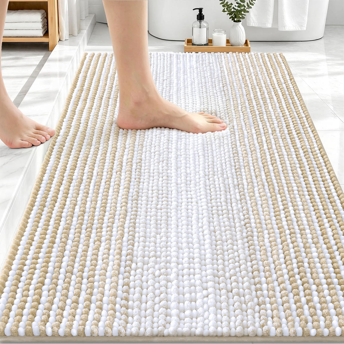 OLANLY Bathroom Rugs 30x20, Soft Chenille Striped Bath Rugs, Grey