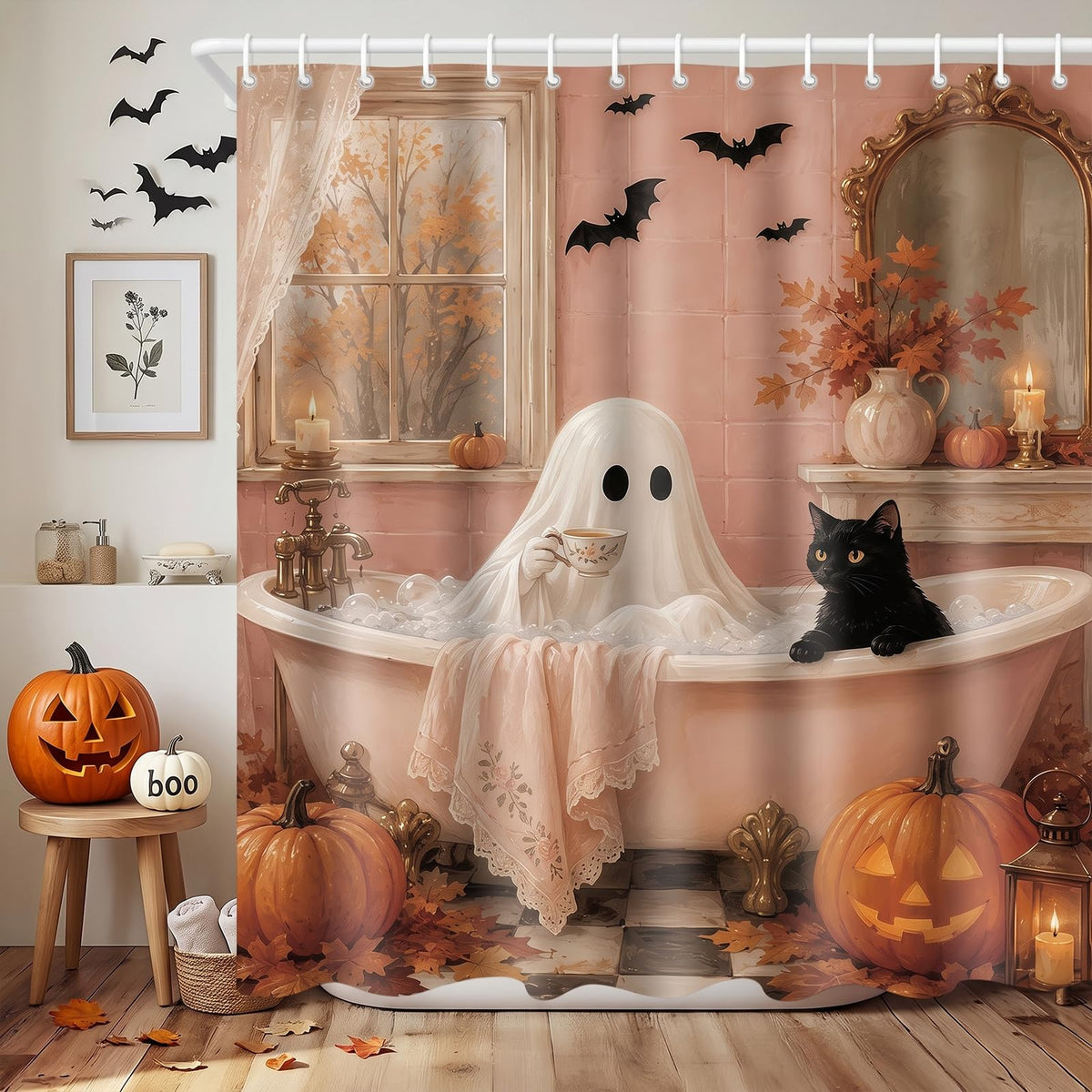 Halloween Shower Curtain 71x71in, Ghost Floral Bath Bathroom Decor