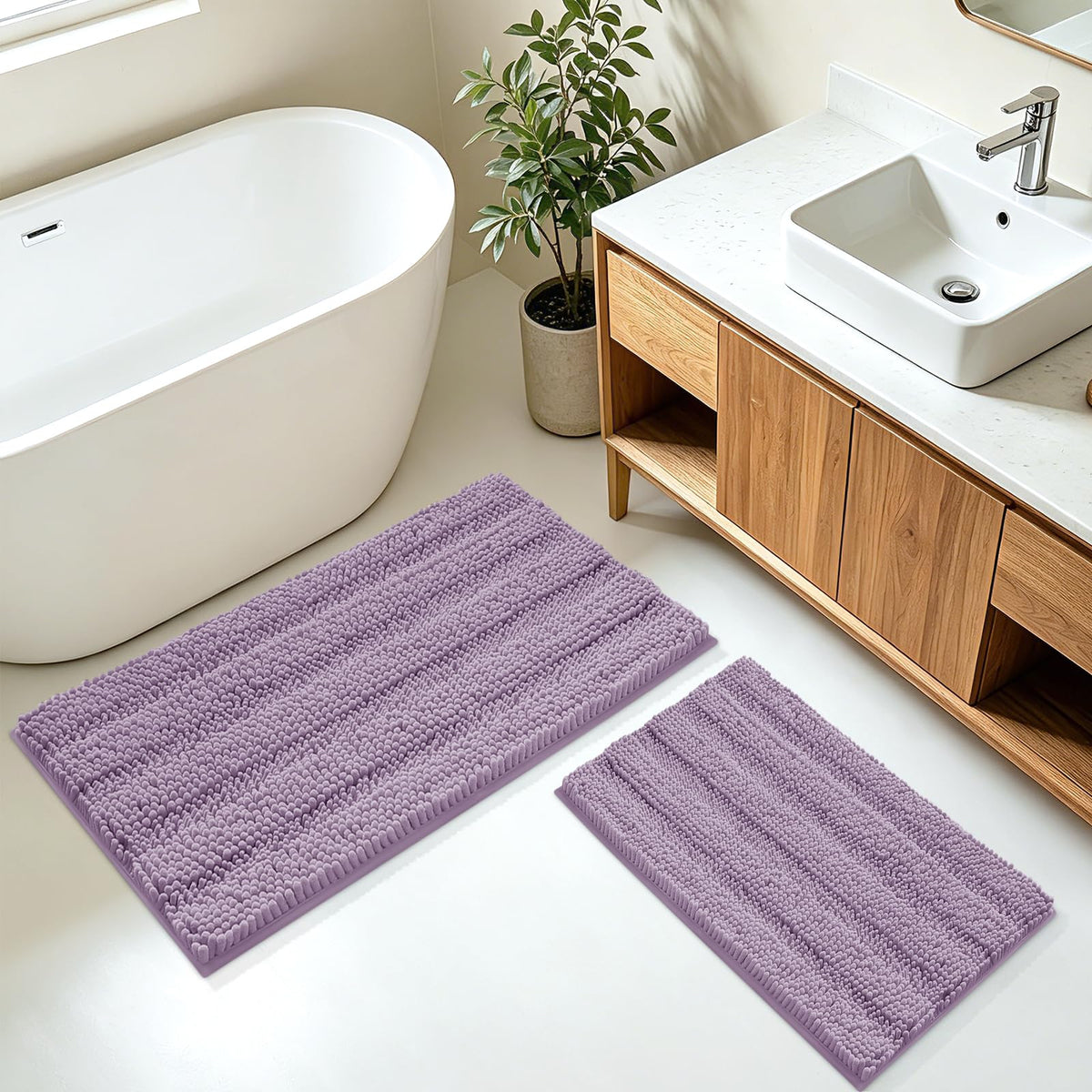 ACCUMTEK Christmas Striped Pink Bathroom Rug Set 3 Pieces Ultra Soft, Non Slip Chenille Toilet Mat, Absorbent Plush Shaggy Bath Mats for Bathroom, Bedroom, Kitchen