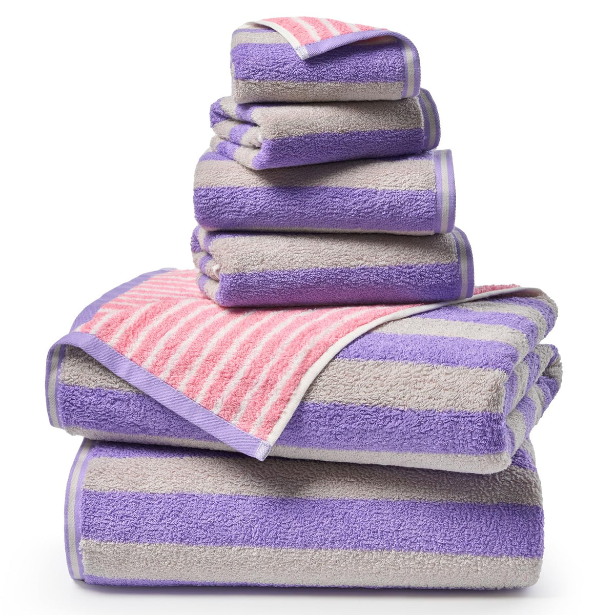 ecolook Reversible Striped Towel Set of 6, Soft 100% Cotton, Blue & Green