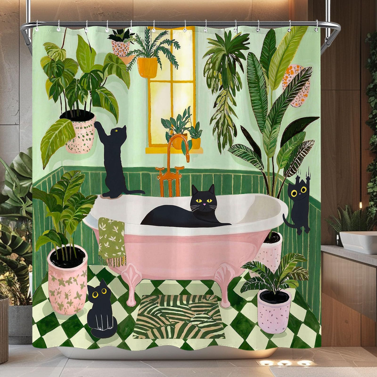 Funny Cat Shower Curtain for Bathroom Green 72x72 Inch