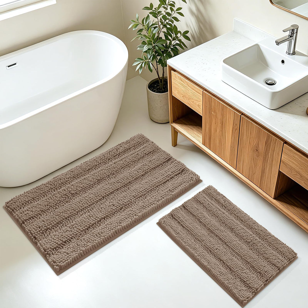 ACCUMTEK Christmas Striped Pink Bathroom Rug Set 3 Pieces Ultra Soft, Non Slip Chenille Toilet Mat, Absorbent Plush Shaggy Bath Mats for Bathroom, Bedroom, Kitchen