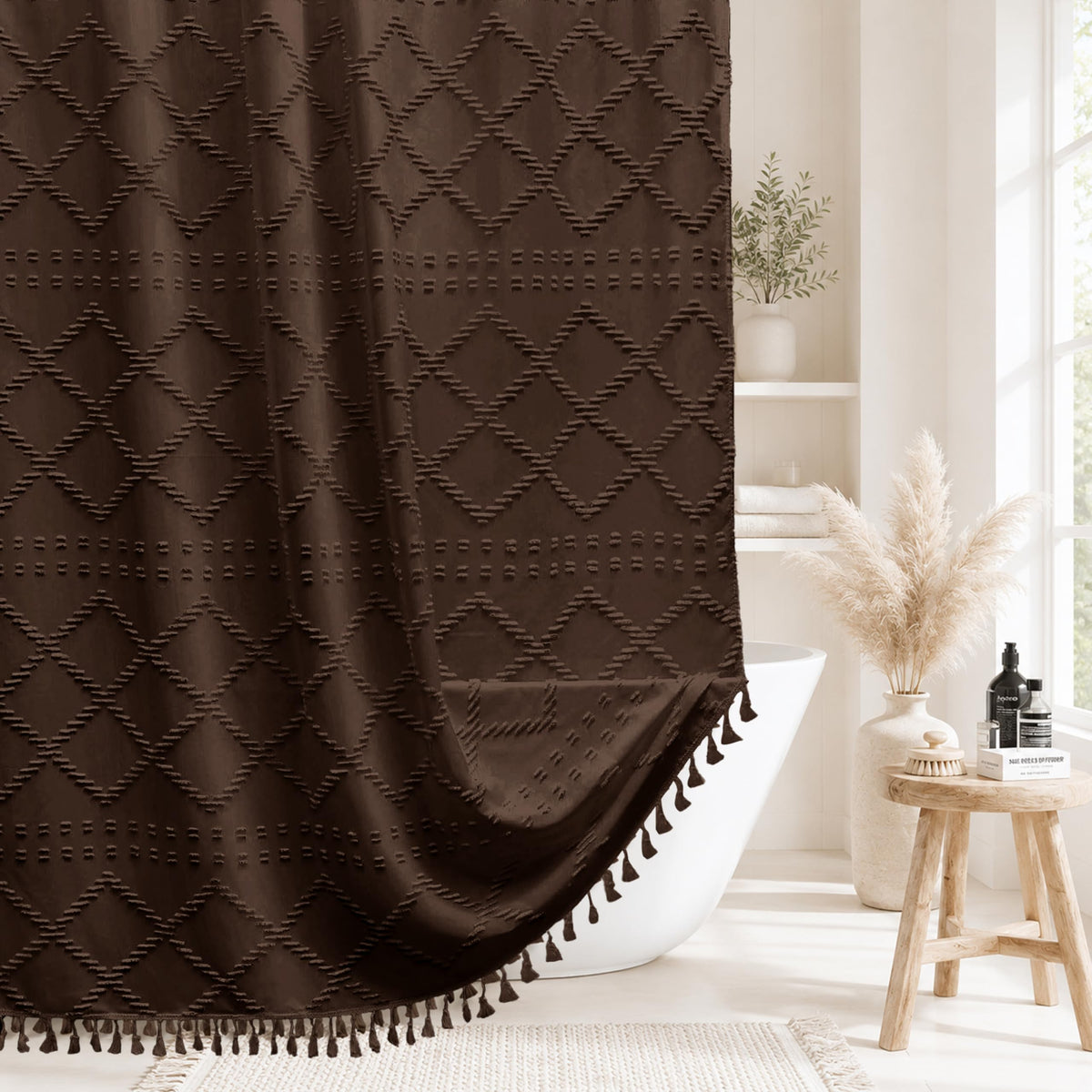 White Boho Shower Curtain Fabric Shower Curtains with Tassel 72 x 72 Modern Textured Shower Curtain Farmhouse Minimalist, Tufted Chevron Striped Shabby Chic, Water Resistant Cloth Curtain for Bathroom