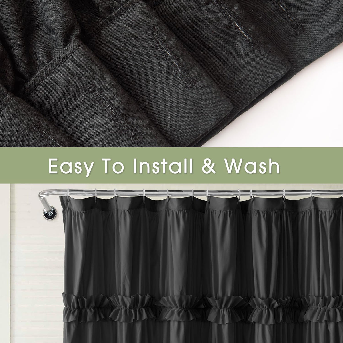 Farmhouse Ruffle Shower Curtain, Black, 72 x 72 in