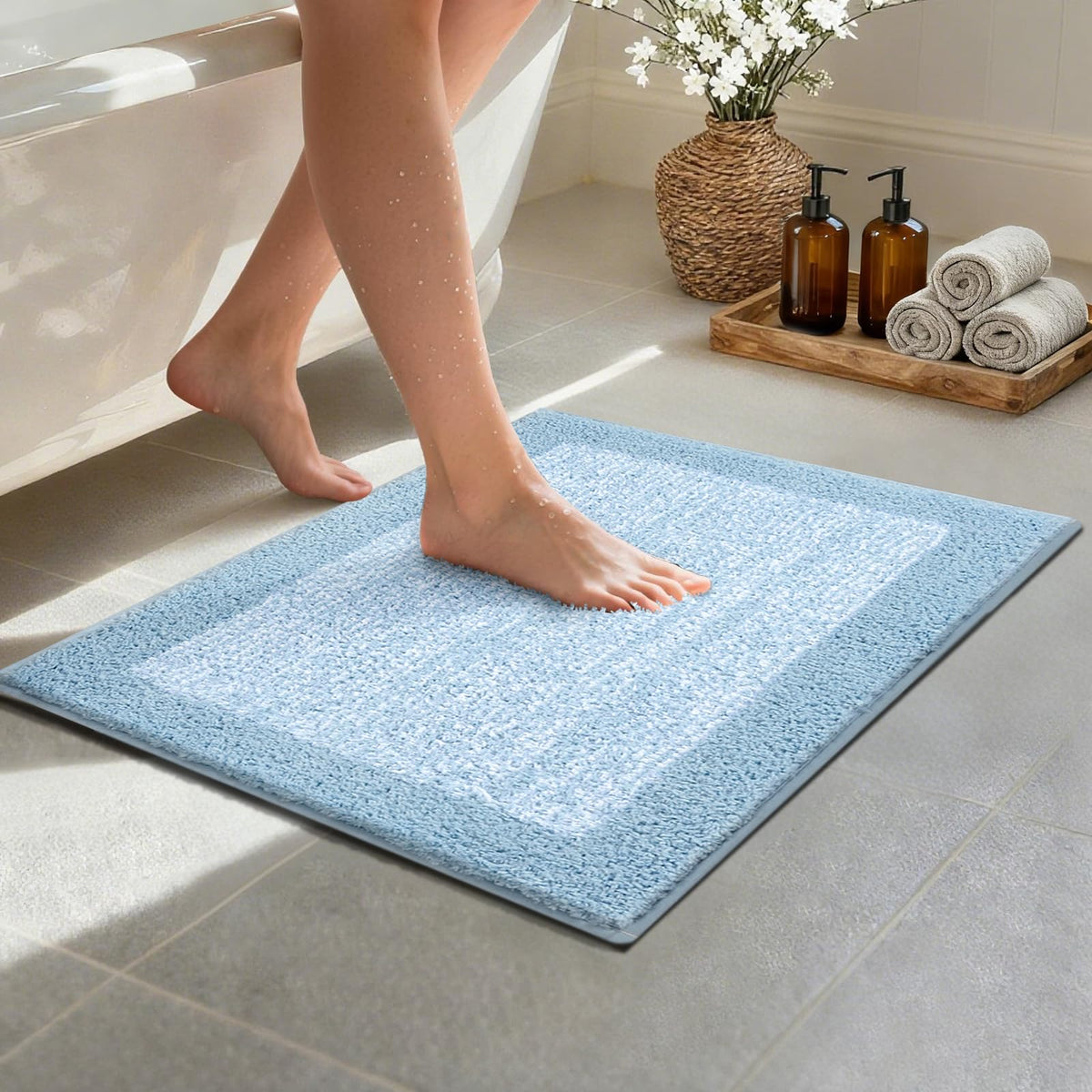 48x24 Long Bathroom Rugs Non Slip Washable, Soft Absorbent Bath Mat Blue