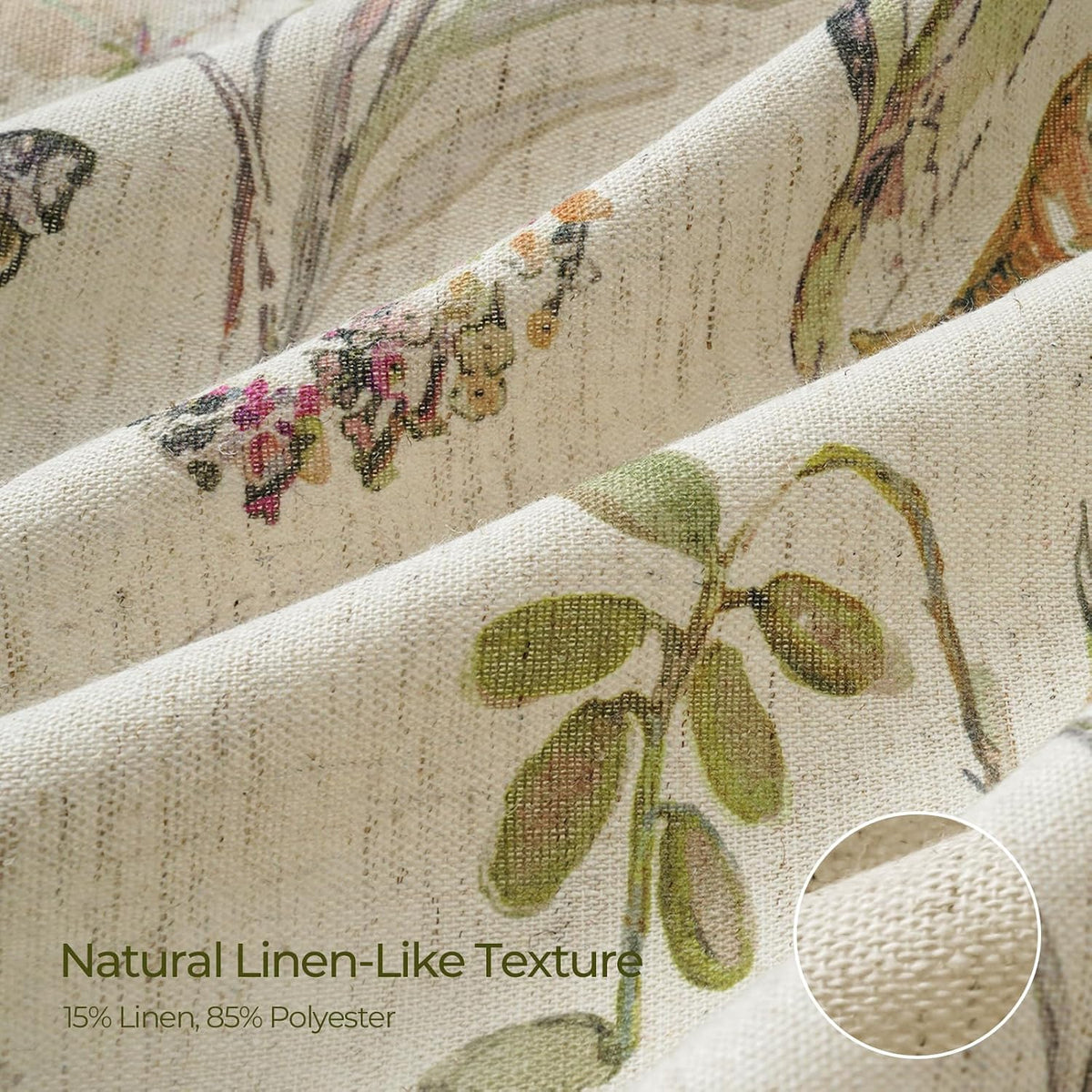 Botanical Floral Linen Blend Shower Curtain 72x72, Organic Modern Farmhouse Bathroom Decor, 210GSM Fabric (Green/Oatmeal)