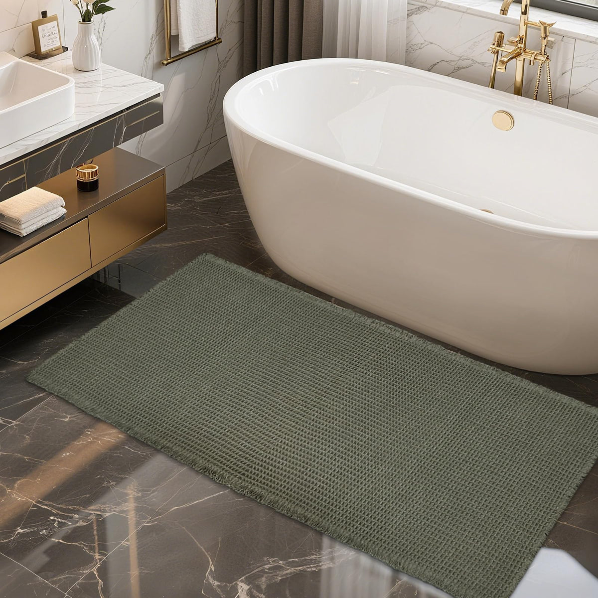 ZALL Waffle Bath Mat,Dark Green Super Absorbent Non Slip Bathroom Rug,17x24inch,Machine Washable Ultra Soft Floor Mats