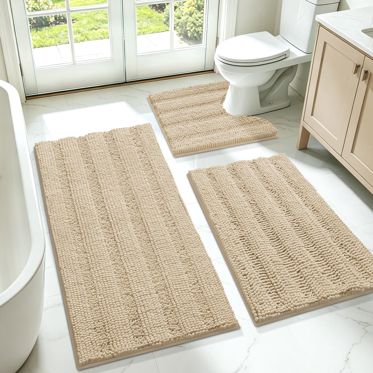ACCUMTEK Christmas Striped Pink Bathroom Rug Set 3 Pieces Ultra Soft, Non Slip Chenille Toilet Mat, Absorbent Plush Shaggy Bath Mats for Bathroom, Bedroom, Kitchen