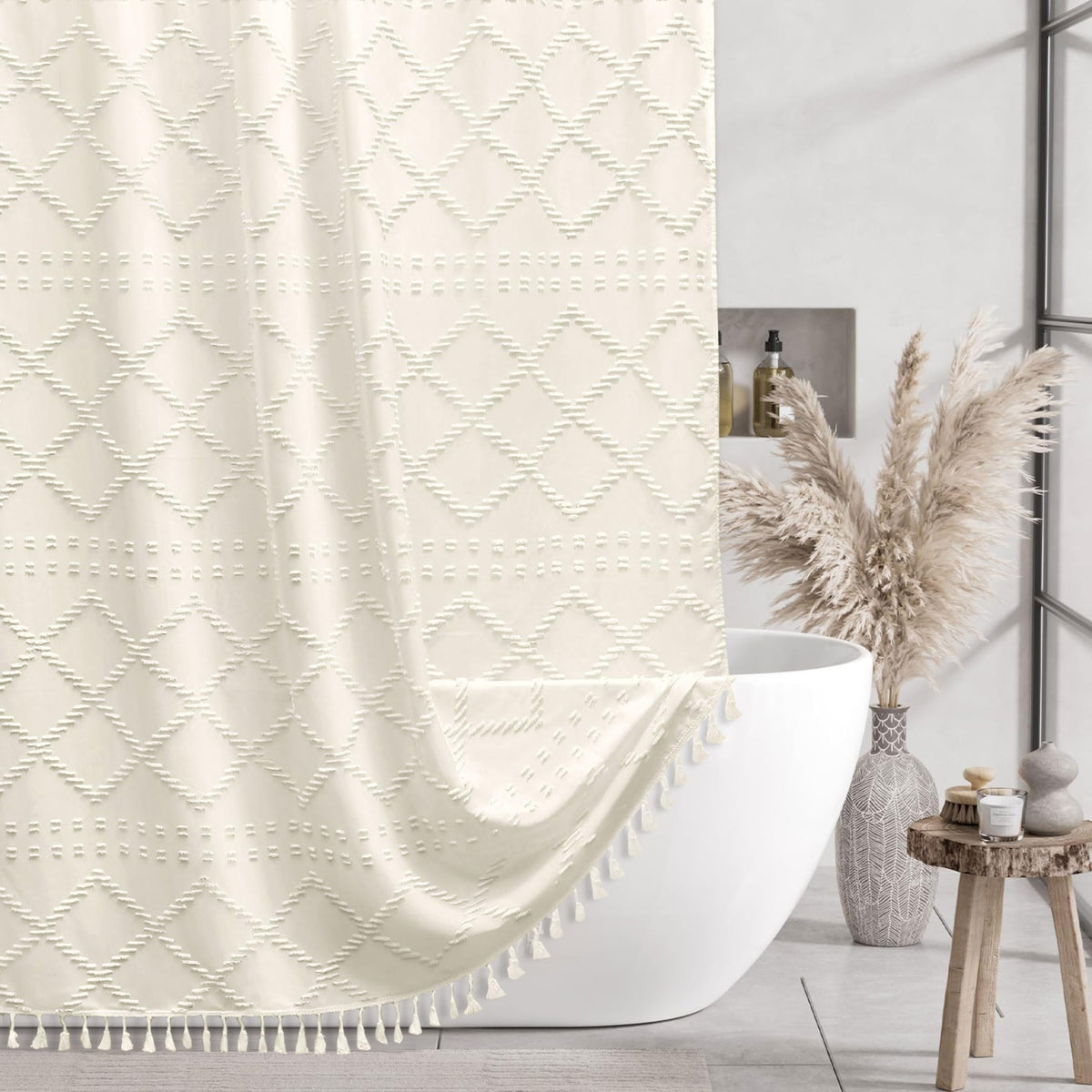 White Boho Shower Curtain Fabric Shower Curtains with Tassel 72 x 72 Modern Textured Shower Curtain Farmhouse Minimalist, Tufted Chevron Striped Shabby Chic, Water Resistant Cloth Curtain for Bathroom
