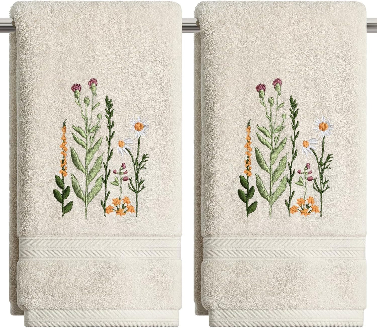 Artoid Mode 2 Pcs Beige Wildflower Floral Embroidered Hand Towels for Bathroom, 100% Cotton Soft Absorbent Farmhouse Decor Towels, 13.7 x 29.5 Inch