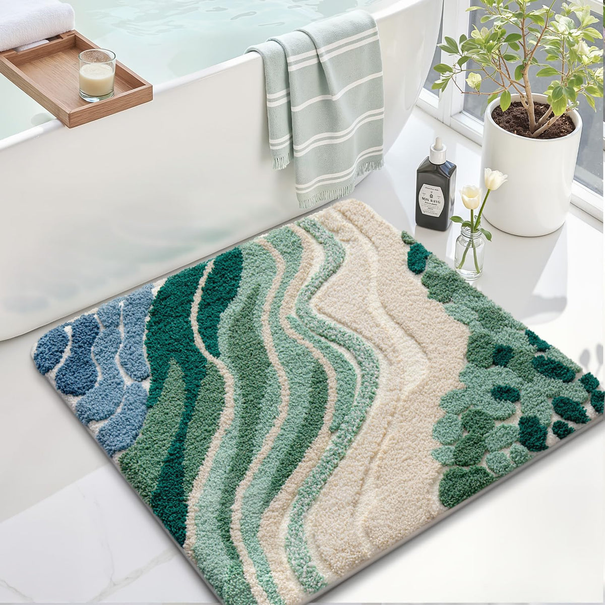 LUMI Square Beach Bathroom Rug 32x32, Soft Absorbent Bath Mat, Non Slip