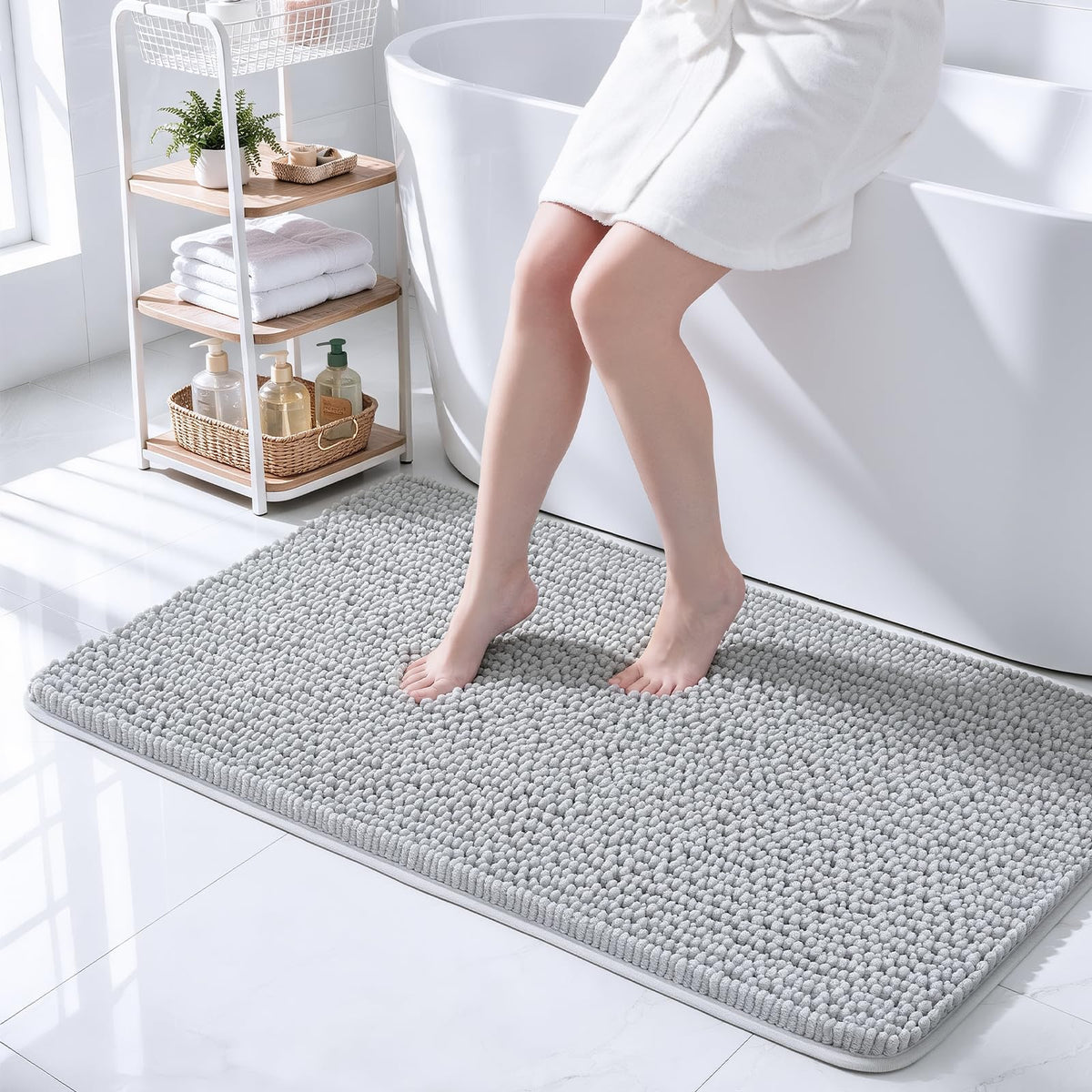 Ophanie Grey Bathroom Rugs 30x20, Soft Chenille Bath Mat, Non Slip Absorbent Quick Dry Light Gray Mats, Machine Washable Thick Small Area Rug Sets,Grip Bathmat for Shower,Toilet,Sink and Indoor Floor
