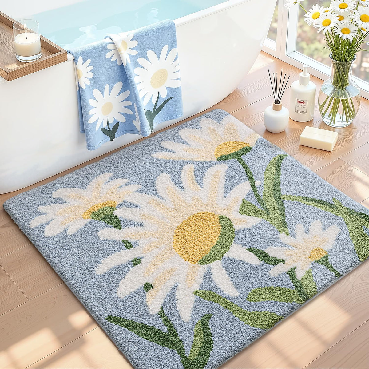LUMI Square Beach Bathroom Rug 32x32, Soft Absorbent Bath Mat, Non Slip