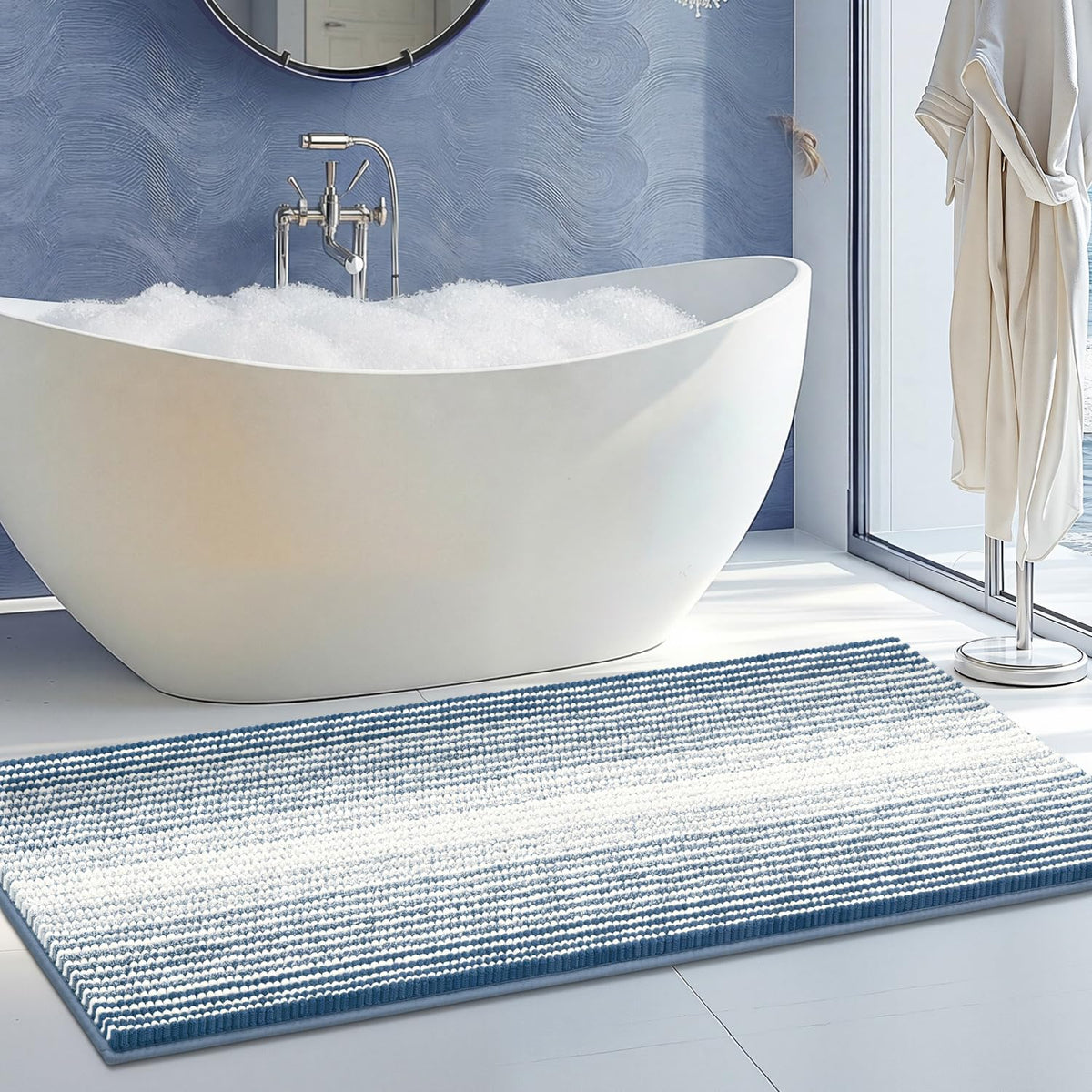 BSICPRO Large Chenille Bathroom Rugs Runner, 20x47 Striped Bath Mats, Beige