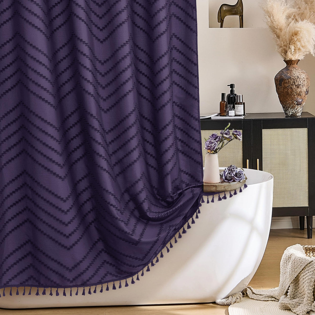Siiluminisoy Boho Shower Curtain with Tassel Woven Fabric Olive Green Shower Curtain 72 x 72 Modern Farmhouse Textured Tufted Chevron Striped Minimalist Bathroom Shower Curtains