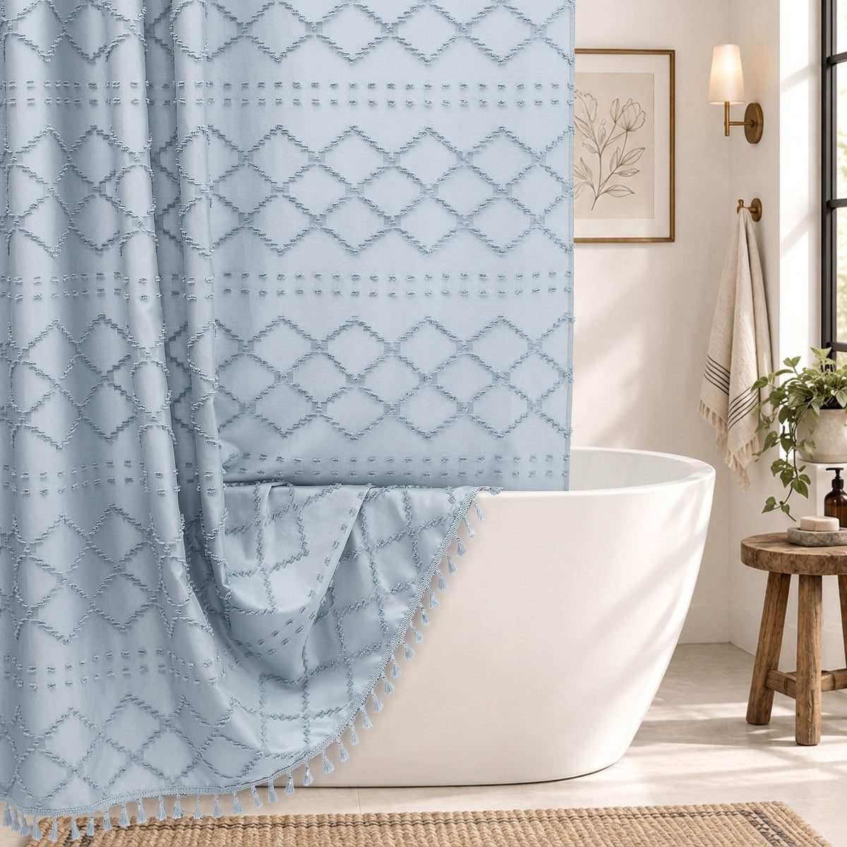 White Boho Shower Curtain Fabric Shower Curtains with Tassel 72 x 72 Modern Textured Shower Curtain Farmhouse Minimalist, Tufted Chevron Striped Shabby Chic, Water Resistant Cloth Curtain for Bathroom