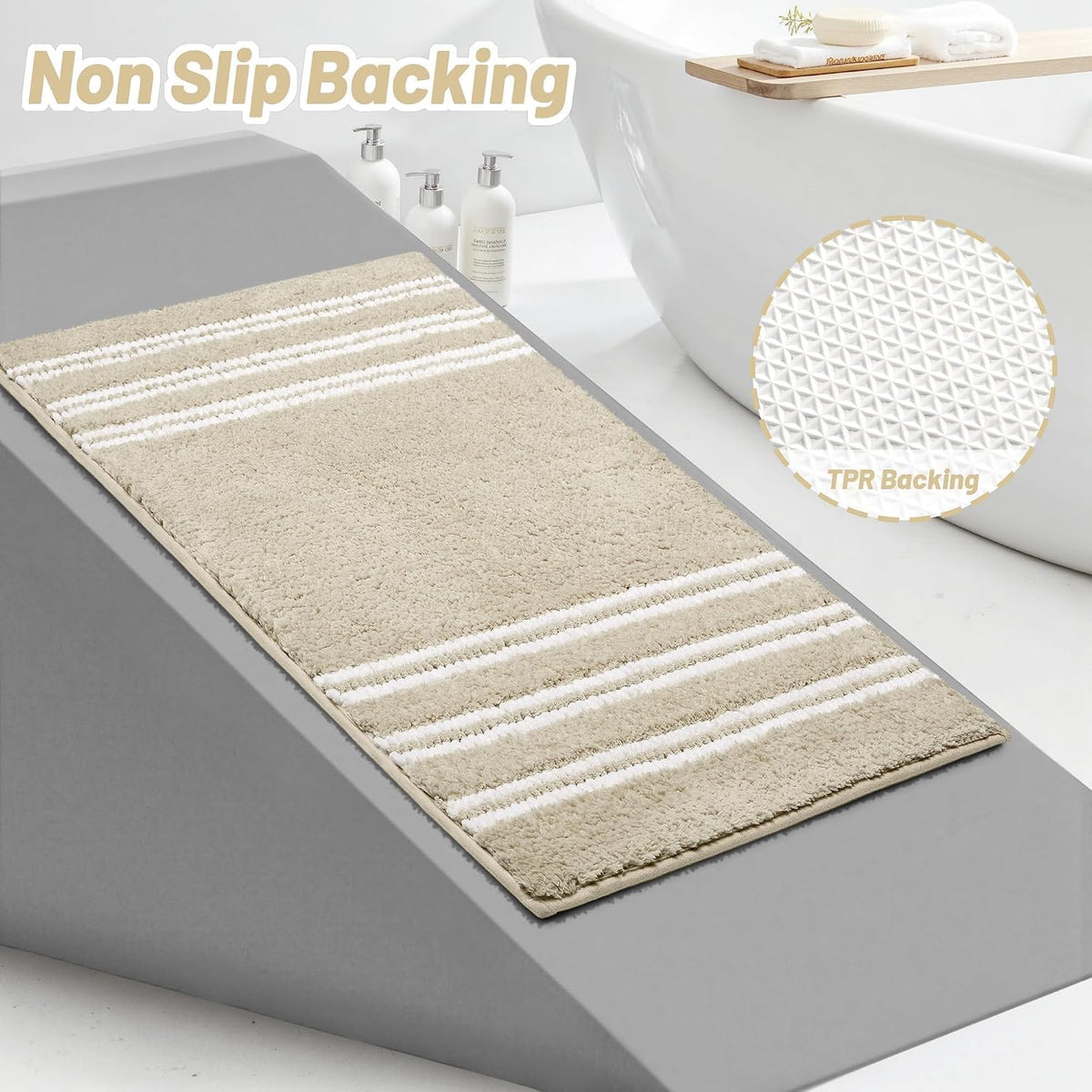 Bathroom Rugs Non Slip Washable 32x20, Ultra Soft Super Absorbent Bath Rugs for Bathroom Floor, Shaggy Chenille Bath Rug, Microfiber Plush Quick Dry Bath Mat for Bathtub, Sink and Shower, Beige
