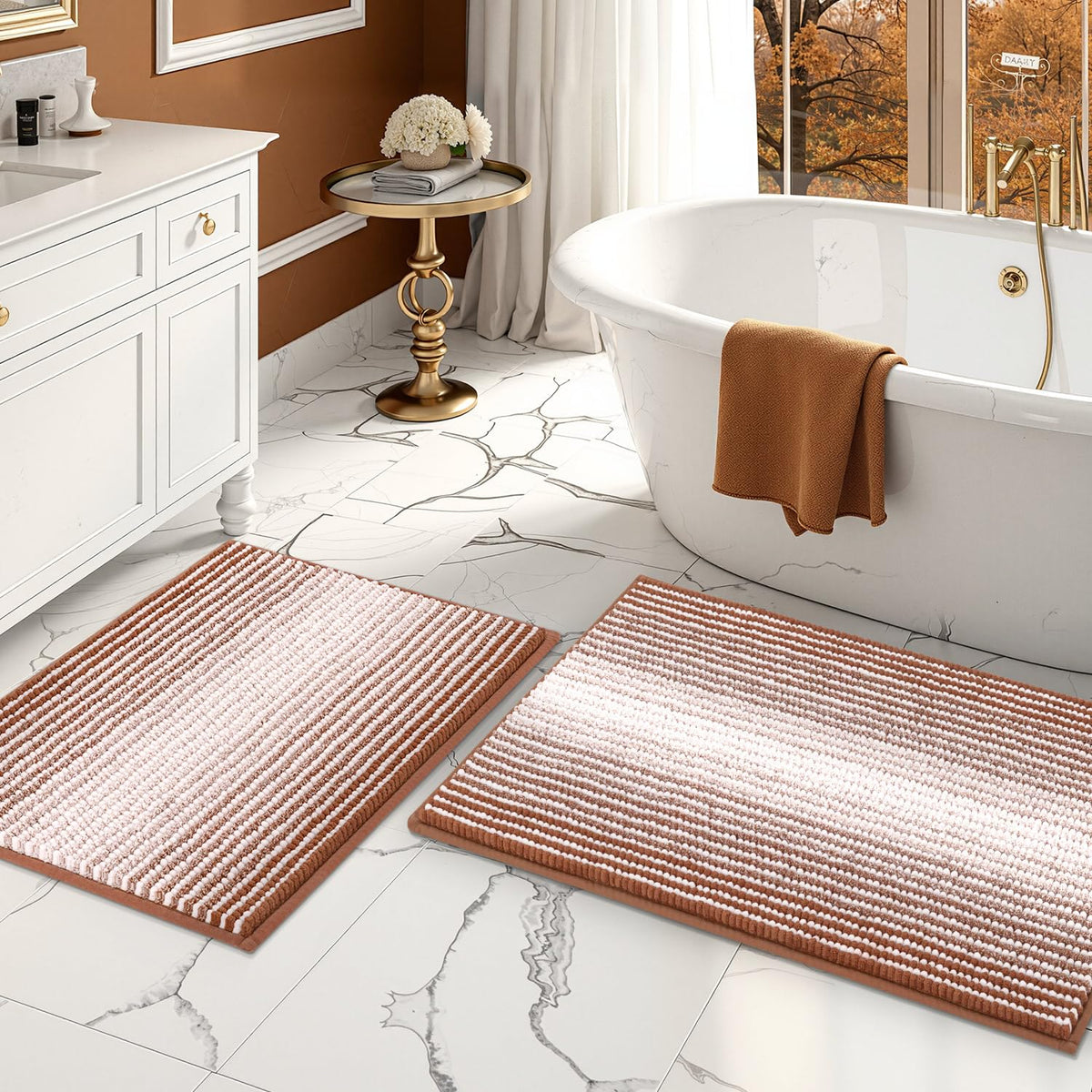 BSICPRO Large Chenille Bathroom Rugs Runner, 20x47 Striped Bath Mats, Beige
