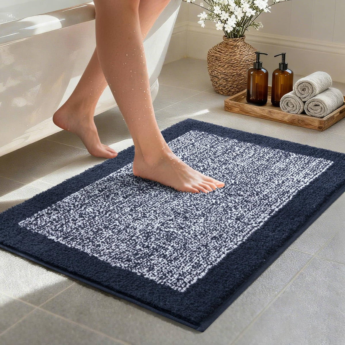 48x24 Long Bathroom Rugs Non Slip Washable, Soft Absorbent Bath Mat Blue
