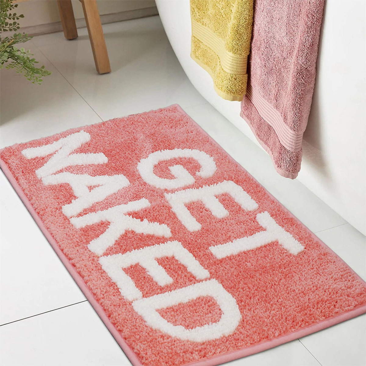 Get Naked Bath Mat - 17" x 24" Absorbent Soft Hot Pink Bath Rug, Machine Washable Non Slip Shower Rug for Bathroom