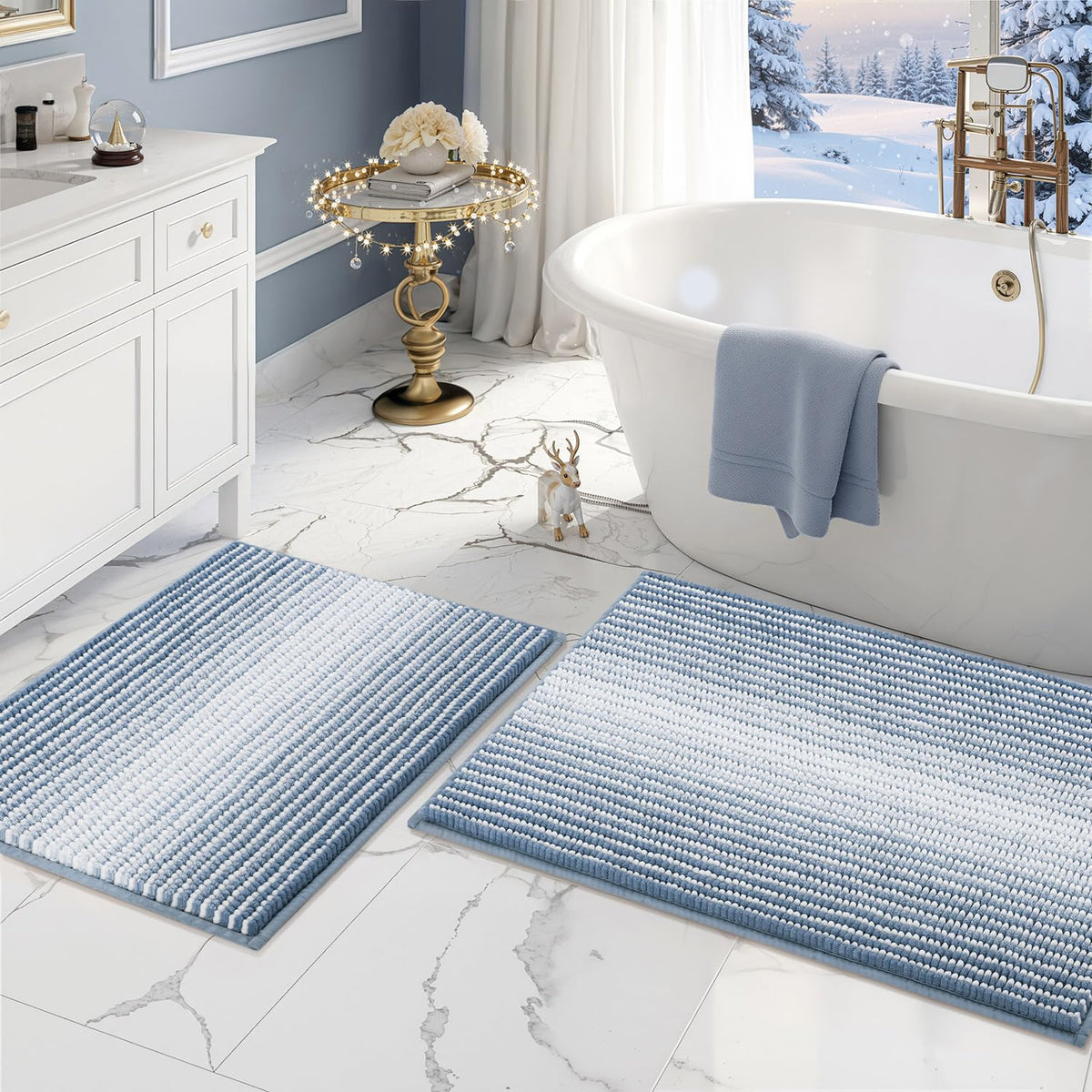BSICPRO Large Chenille Bathroom Rugs Runner, 20x47 Striped Bath Mats, Beige