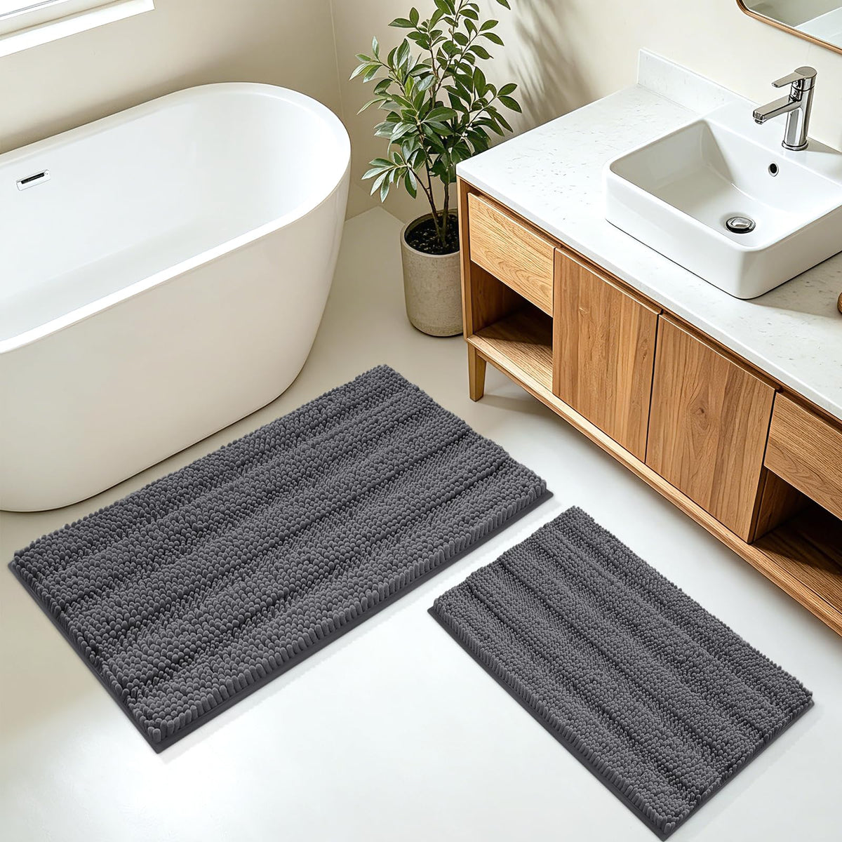 ACCUMTEK Christmas Striped Pink Bathroom Rug Set 3 Pieces Ultra Soft, Non Slip Chenille Toilet Mat, Absorbent Plush Shaggy Bath Mats for Bathroom, Bedroom, Kitchen